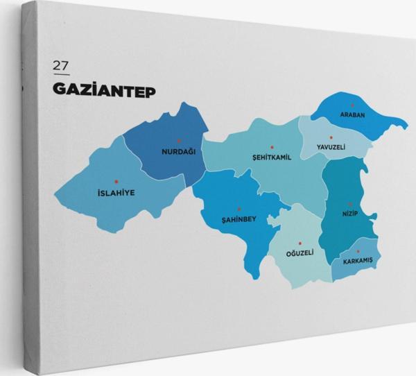 İl ve İlçeler Haritası Gaziantep, Modern Dekoratif Kanvas Tablo, Duvar Dekoru 1344 - Image 1