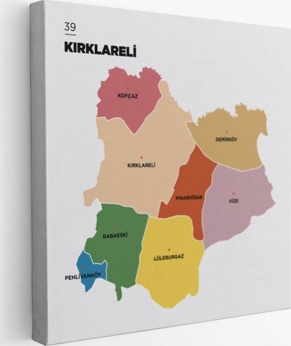 İl ve İlçeler Haritası Kırklareli, Modern Dekoratif Kanvas Tablo, Duvar Dekoru 1395 - Image 1
