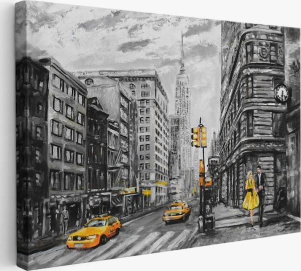 Yağlıboya Görünüm Sarı Taksi ve NewYork Sokakları Dekoratif Kanvas Tablo, Duvar Dekoru 3500 - Image 1