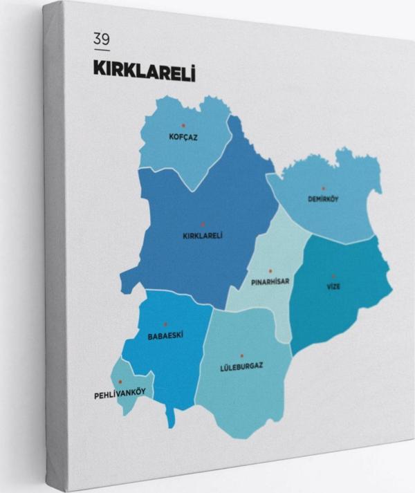 İl ve İlçeler Haritası Kırklareli, Modern Dekoratif Kanvas Tablo, Duvar Dekoru 1396 - Image 1