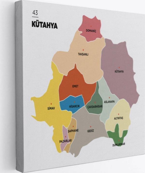 İl ve İlçeler Haritası Kütahya, Modern Dekoratif Kanvas Tablo, Duvar Dekoru 1407 - Image 1