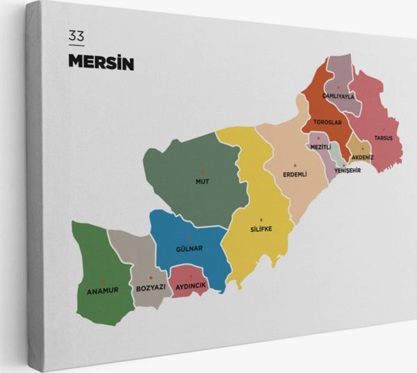 İl ve İlçeler Haritası Mersin, Modern Dekoratif Kanvas Tablo, Duvar Dekoru 1419 - Image 1