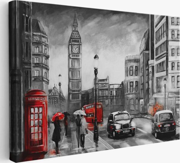 İngiltere Londra Kırmızı ve Siyah Ton Yağlıboya Görünüm Dekoratif Kanvas Tablo, Duvar Dekoru 3543 - Image 1