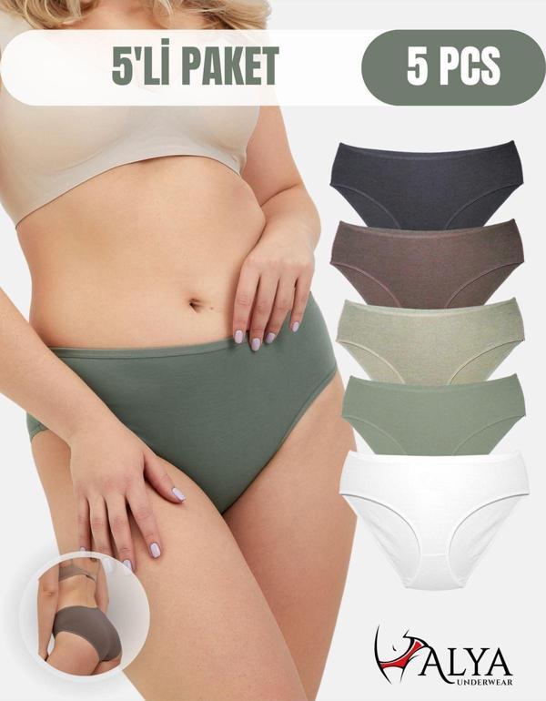 Kadın Pamuklu Renkli Bato / Hipster Slip Külot- Yeşil, Füme, Taş, A Kahve, Ekru 5'li Paket - Image 1