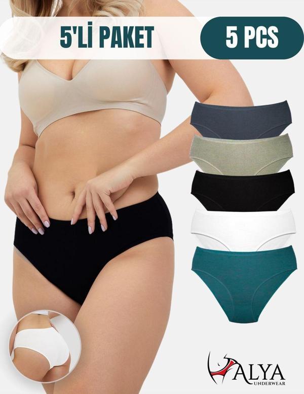 Kadın Pamuklu Renkli Bato Slip Külot- Siyah, Koyu Yeşil, Taş, Beyaz, Füme 5'li Paket - Image 1