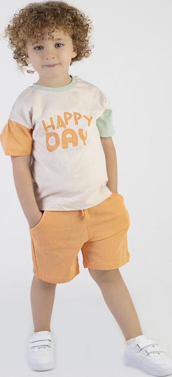Erkek Çocuk Happy Day Baskılı Kısa Kollu Şortlu Basic Alt Üst Takım - Image 1