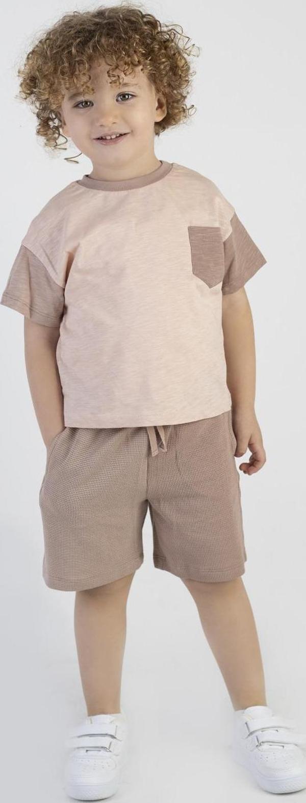 Erkek Çocuk Kahve Desen Kısa Kollu Şortlu Basic Alt Üst Takım - Image 1