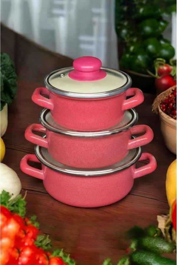 Alev Emaye Mini Emaye Tencere Seti 3'lü Kırmızı - Image 1