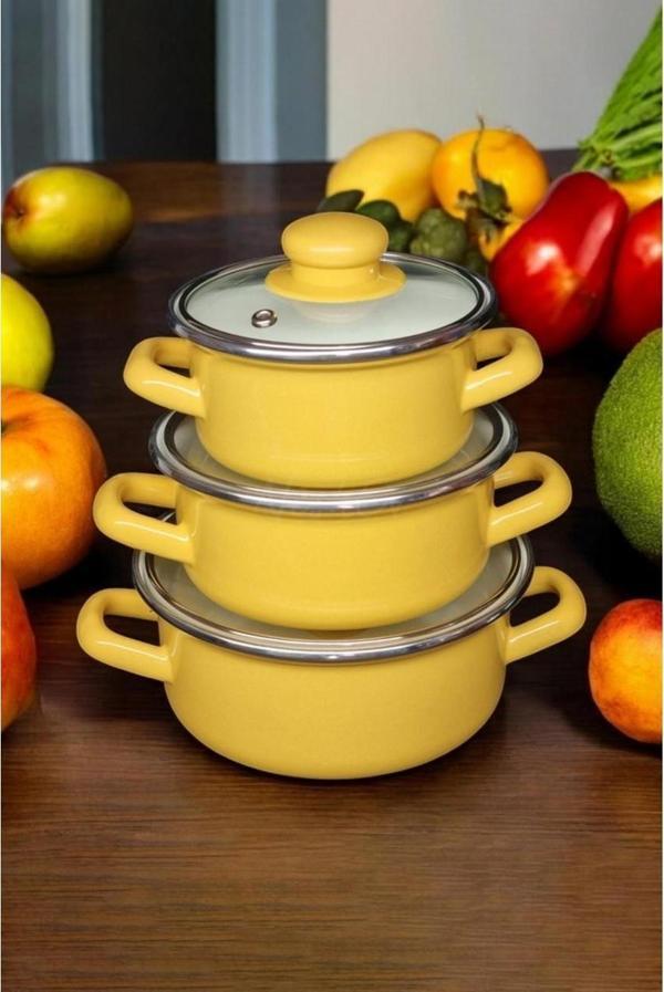Alev Emaye Mini Emaye Tencere Seti 3'lü Sarı - Image 1