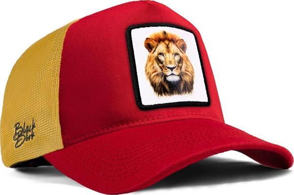 Black Börk V1 Aslan Logolu Kırmızı-Sarı Trucker Şapka - Image 1