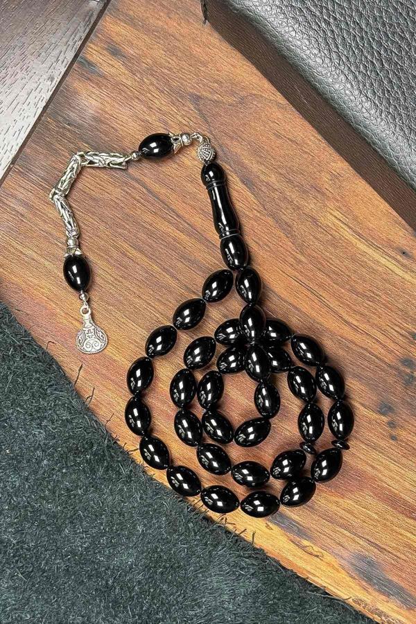 Metal Püsküllü Siyah Renk Arpa Tane Sıkma Kehribar Tesbih - Image 1