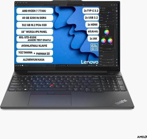 LENOVO THİNKPAD E16 GEN 1 AMD RYZEN™ 7 7730U 40 GB 512 GB SSD 16'' WUXGA IPS FREEDOS 21JT0017TX+405 - Image 1