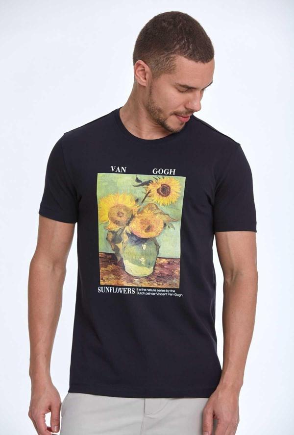 Shein Baskılı Erkek Tişört Lacivert - Image 1