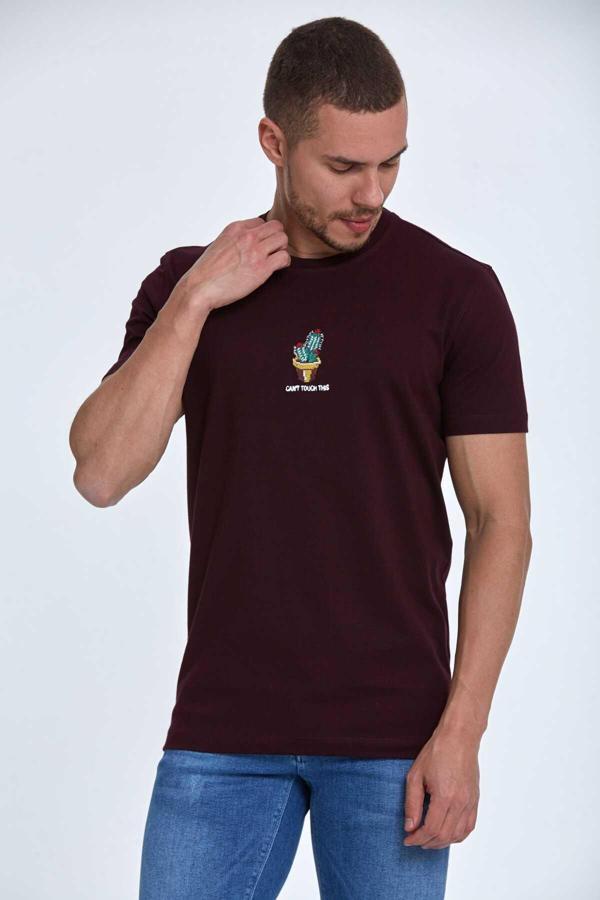Chip Nakışlı Erkek Tişört Bordo - Image 1