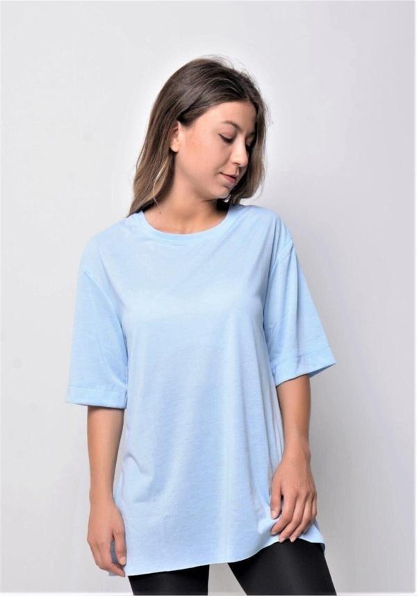 Sfg Life Moda Kadın Düz Uzun Ve Yırtmaçlı Duble Kol Önü Baskısız T-Shirt Ve Tunik Bebe Mavisi L - Image 1