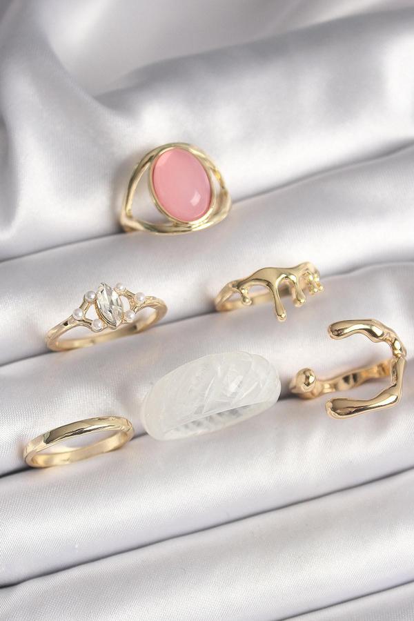 Pirinç Gold Renk Zirkon Taş Detaylı Pembe Mineli 6'Lı Kadın Yüzük Seti - EBJ250301W31431 - Image 1