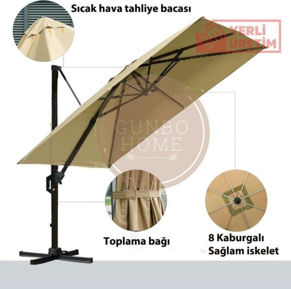 Gunbo Home 3*3 Kare Bahçe Şemsiyesi Tam Profesyonel 360 Derece Döner Pedallı Güneş Açılı Dış Alan Şemsiyesi Bej - Image 1