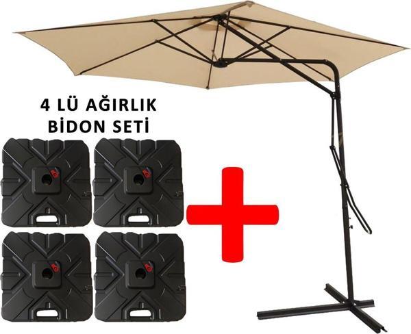 Gunbo Home 3 Mt Şemsiye + 4 Lü Ağırlık Seti Havuz Şemsiyesi Bidonlu, Bahçe Şemsiyesi, Teras Şemsiyesi Set Bej - Image 1