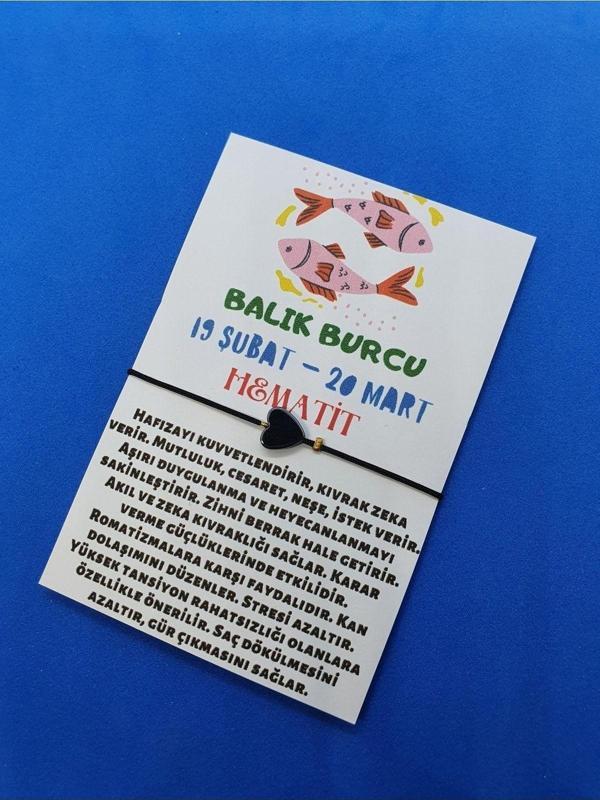 Balık Burcu Kalp Hematit Doğal Taş Ip Burç Bilekliği - Image 1