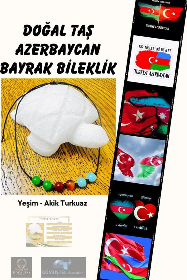 Sertifikalı Doğal Taş Azerbaycan Bayrak Bileklik Yeşim Akik Turkuaz AAA Kalite Sürpriz Hediyeli - Image 1