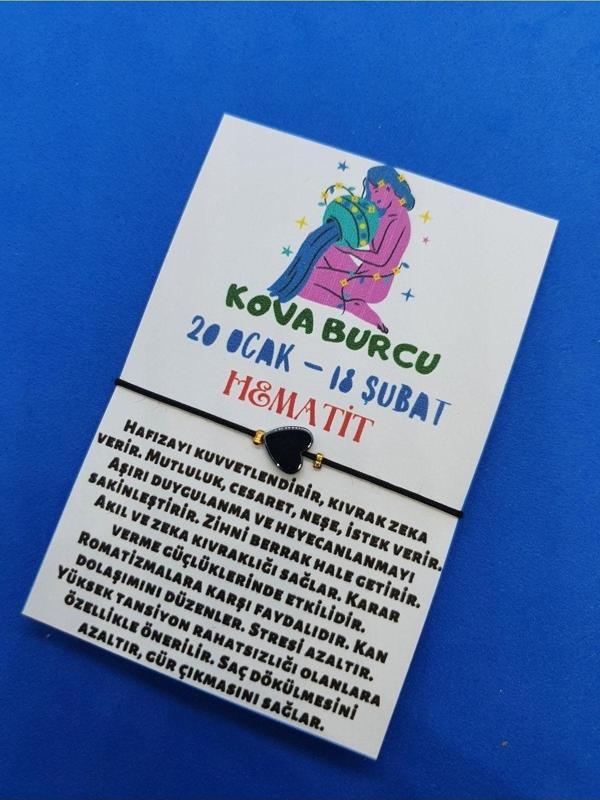 Kova Burcu Kalp Hematit Doğal Taş İp Burç Bilekliği - Image 1