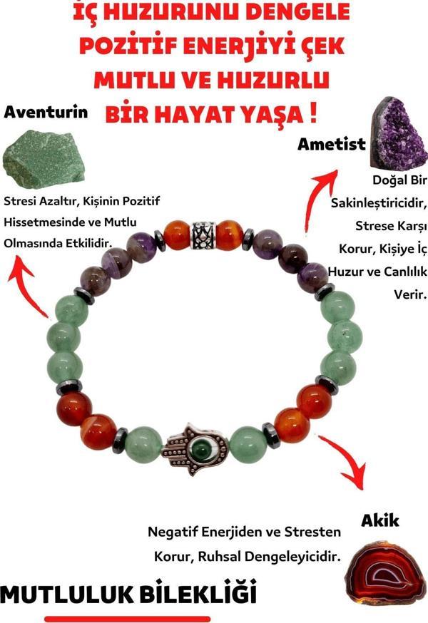 Mutluluk Iç Huzur Pozitif Enerji Doğal Taş Tılsım Bilekliği Ametist Aventurin Akik Doğaltaş Bileklik - Image 1