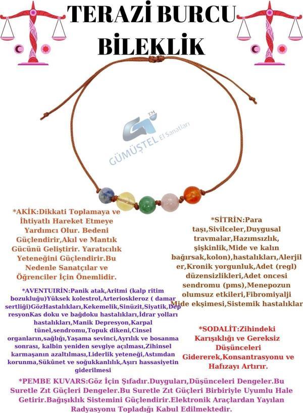 Sertifikalı Özel Tasarım Doğal Taş Terazi Burcu Bileklik Sodalit Sitrin Aventurin Pembe Kuvars Akik - Image 1