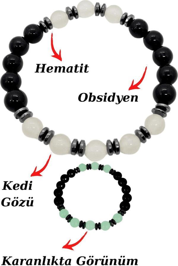Obsidyen Kedi Gözü Hematit Doğal Taş Bileklik Karanlıkta Işık Saçar - Image 1