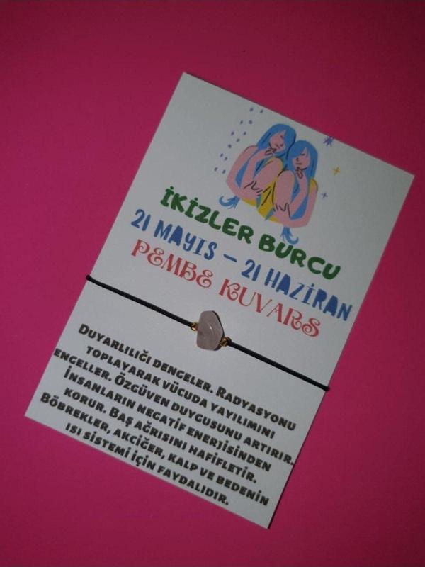 İkizler Burcu Pembe Kuvars Doğal Taşlı İp Burç Bilekliği - Image 1