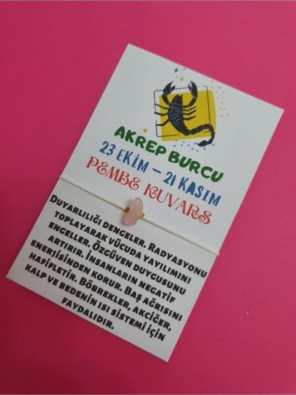 Akrep Burcu Pembe Kuvars Doğal Taşlı İp Burç Bilekliği - Image 1