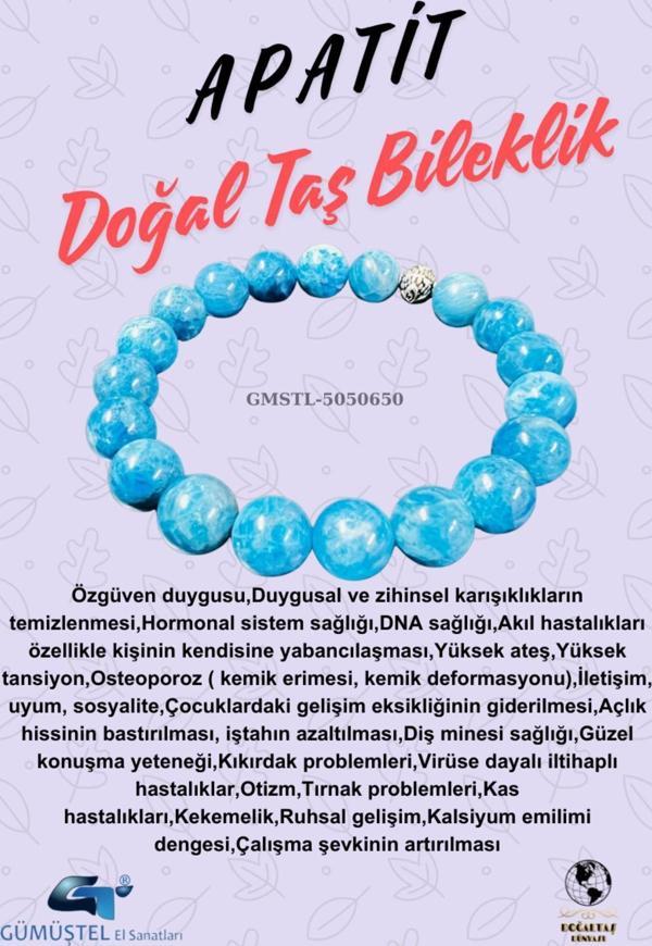 Sertifikalı Apatit Doğal Taş Bileklik AAA Kalite 10 mm Sürpriz Hediyeli - Image 1