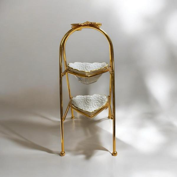 2 Katlı Gold Metal Sunum Standı - Porselen Kalp Servis Tabaklı - Kelebek Detaylı - Image 1