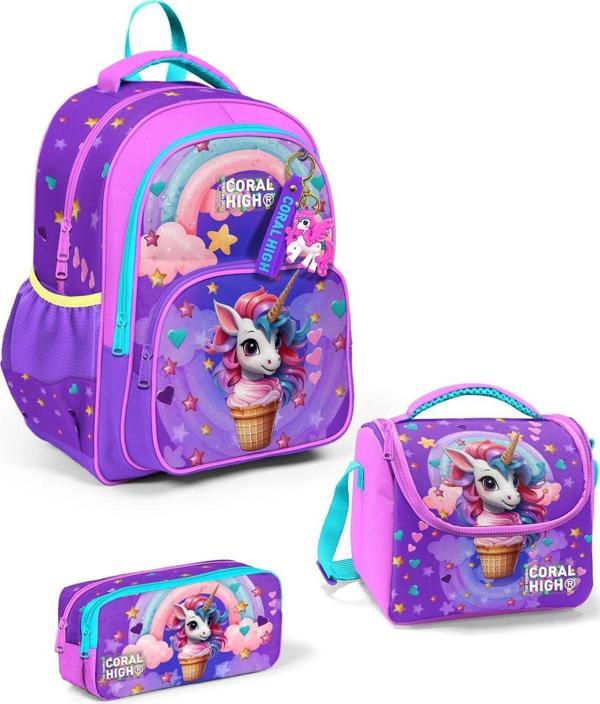 Coral High Kids Mor Pembe Unicorn Dondurma Desenli 3’lü Okul Çanta Seti SET0114421 - Image 1