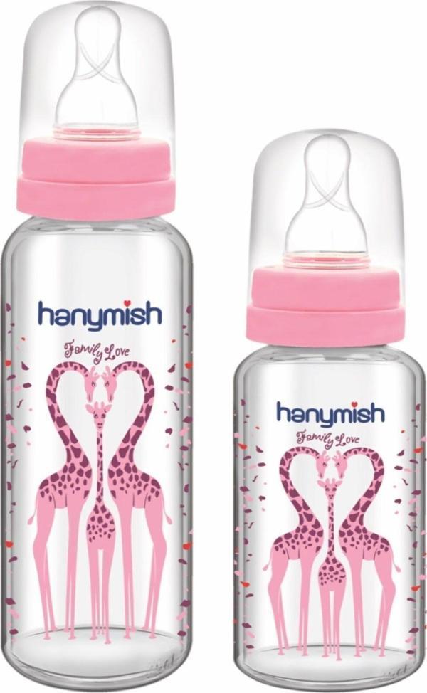 Kız Bebek Pembe Hanymısh Yuvarlak Silikon Uçlu Cam Biberon 240 ml+125 ml - Image 1