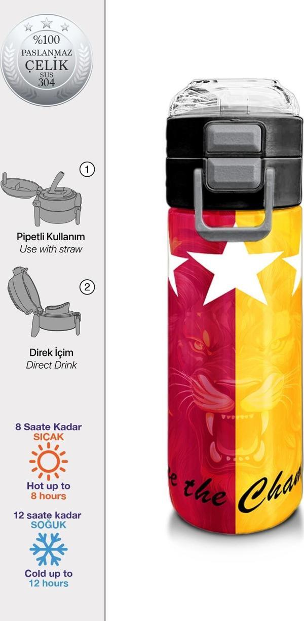 Coral High Kids Sarı Kırmızı 5 Yıldız Aslan Taraftar Desenli Pipetli ve Direkt İçim Çelik Termos 500 ml 31792 - Image 1