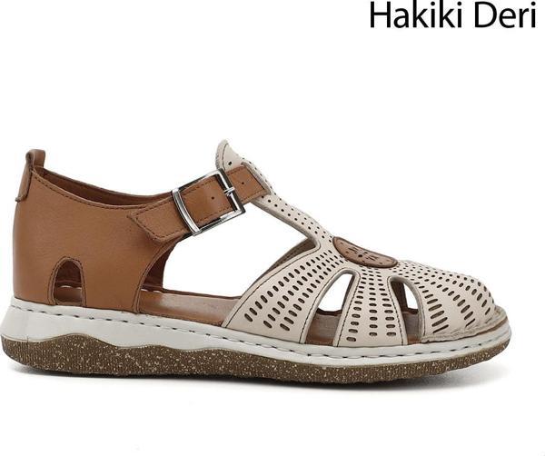 Kadın Bej Hakiki Deri Dolgu Taban Sandalet - Image 1