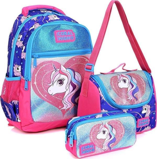 23492 Mor Unicorn Desenli 3' Lü Okul Çantası Seti - Image 1