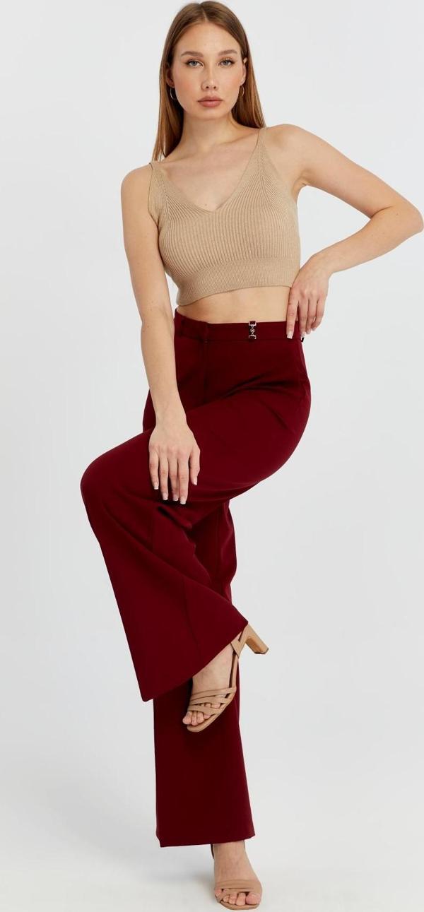 Bordo Palazzo Geniş Paça Dokuma Kumaş Pantolon - Image 1