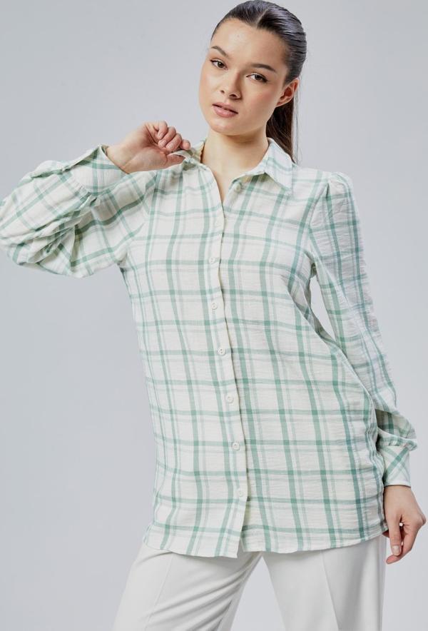 Kadın Mint Ekoseli Regular Dokuma Gömlek - Image 1