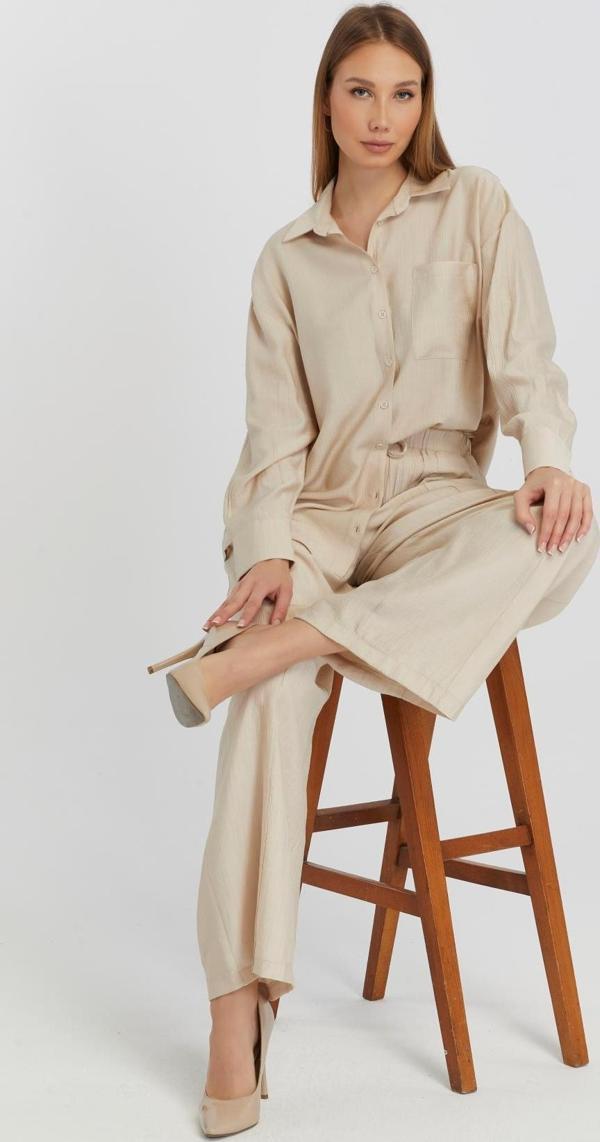 Kadın Bej Casual Oversize/Geniş Kalıp Gömlek  - Image 1