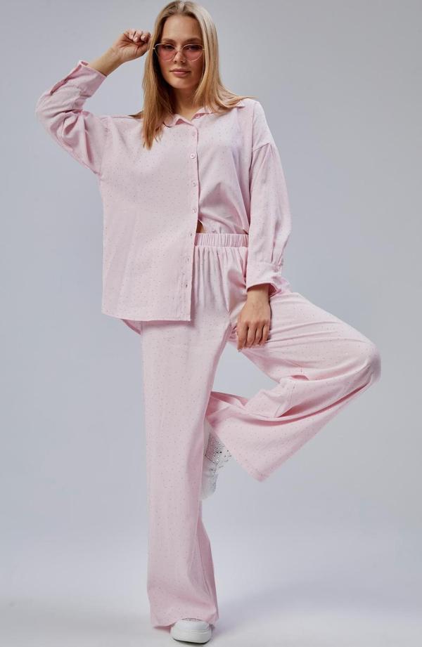 Pembe Taş İşlemeli Salaş Kesim Dokuma Pantolon - Image 1