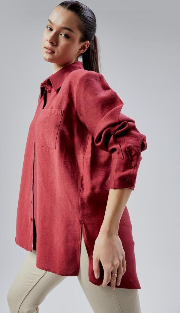 Bordo Yırtmaç Detaylı Oversize Gömlek  - Image 1