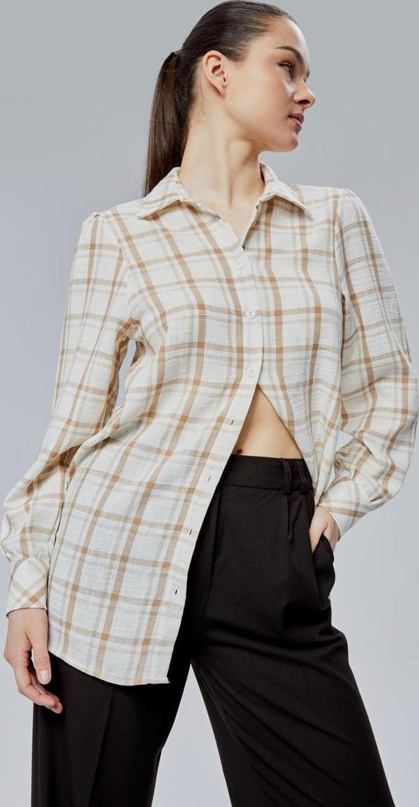 Kadın Vizon Ekoseli Regular Dokuma Gömlek - Image 1