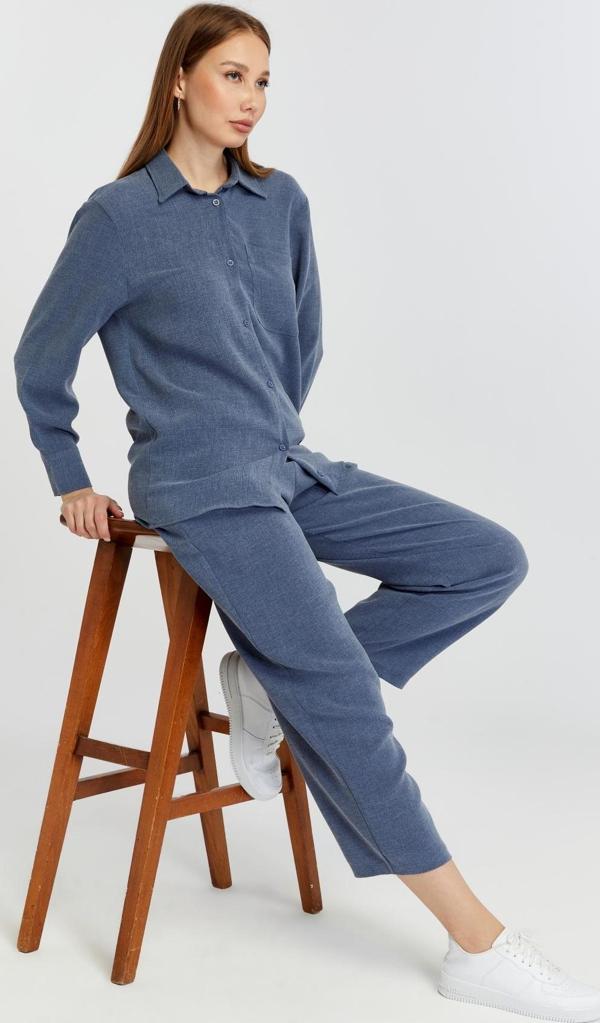 Kadın İndigo Bol Paça Dokuma Pantolon - Image 1