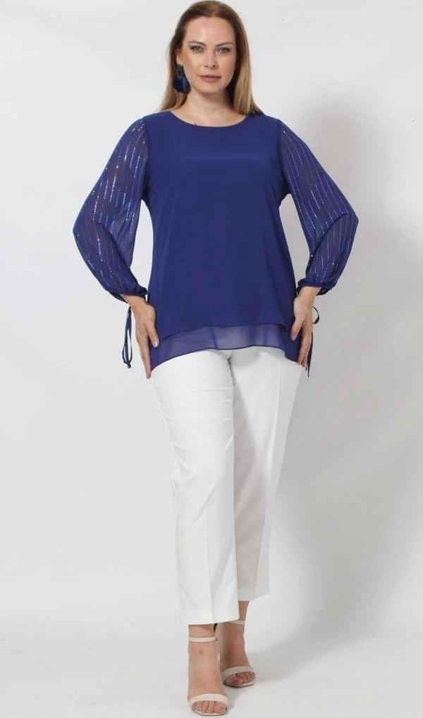3243 Kolu Taş Baskılı Şık Bluz Saks - Image 1