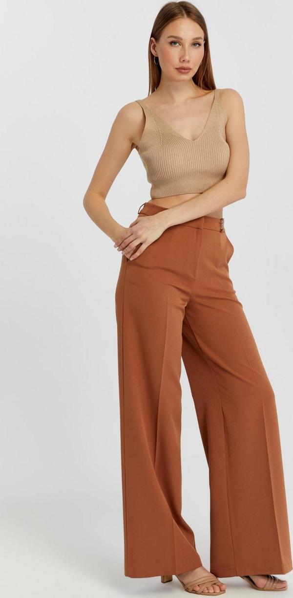 Taba Rengi Palazzo Geniş Paça Dokuma Kumaş Pantolon - Image 1