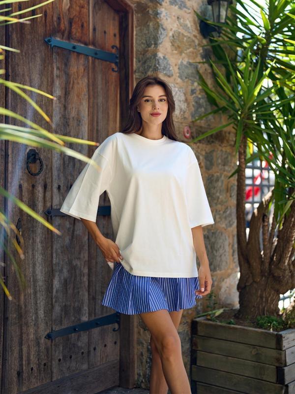 Pamuklu Oversize Basic T-shirt Ekru - Image 1