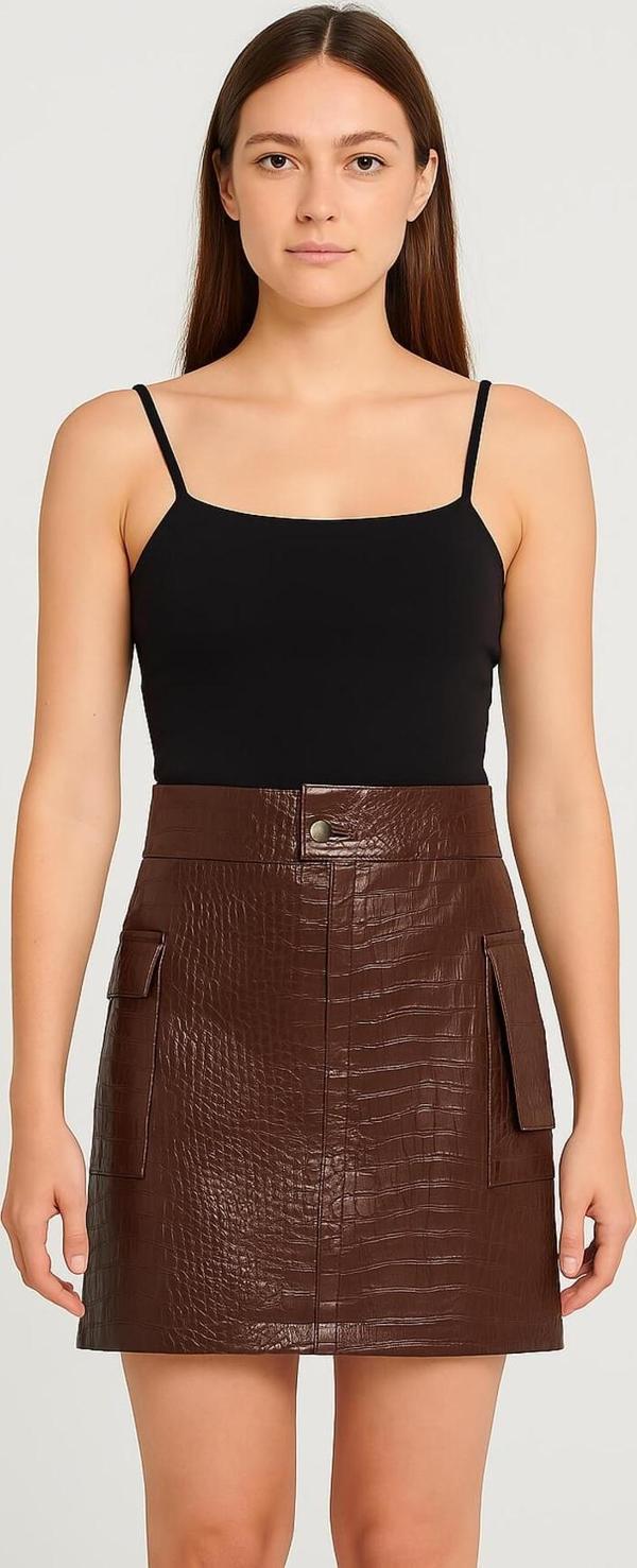 Desenli Deri Cep Kapaklı Mini Etek Kahverengi - Image 1