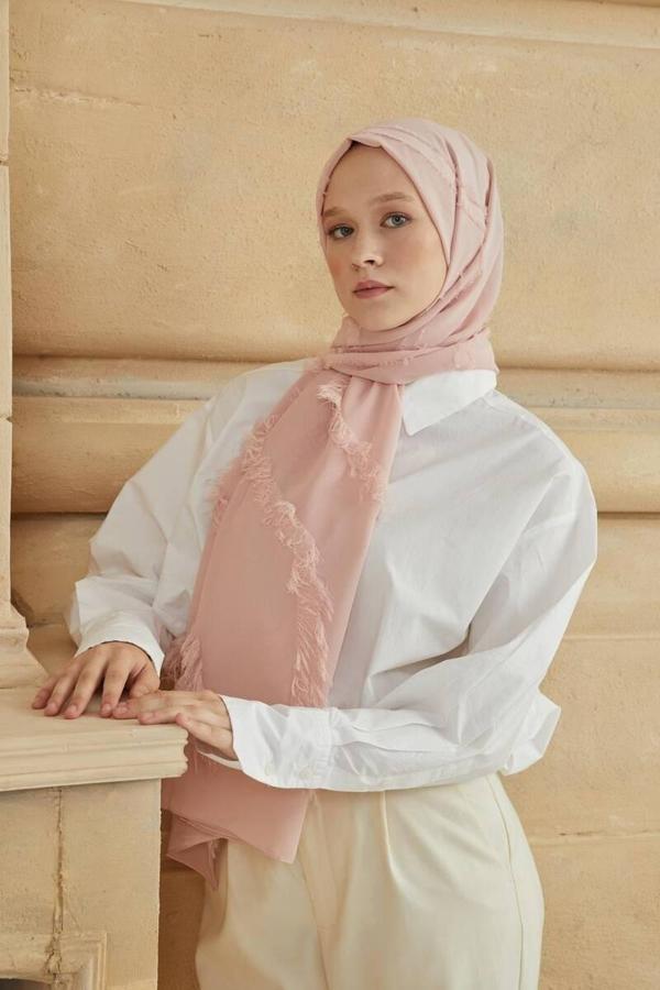 Kadın Püskül Detaylı Fulya Şal Pudra - Image 1