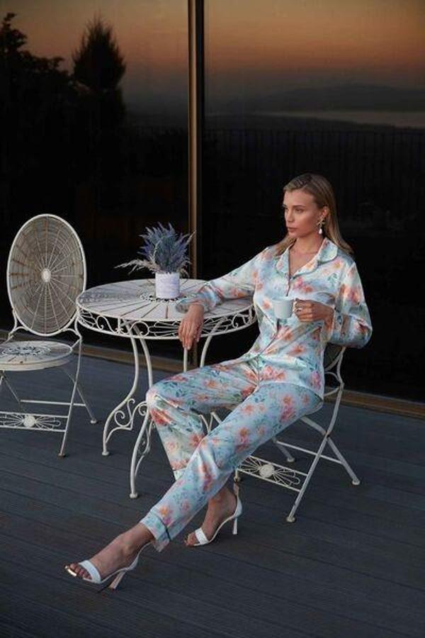 Nurteks Çiçek Desenli Düğmeli Pijama Takımı Mint - Image 1